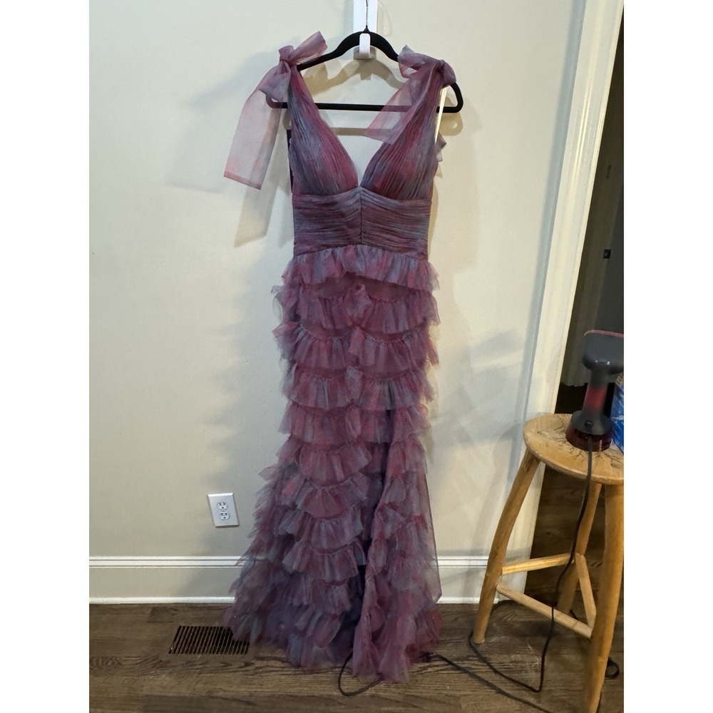 Jovani Gown Tiered Ruffle Mesh Size 4 Train One Of A Kind Romantic Prom‎ Dress - Picture 3 of 16